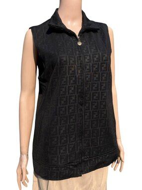 FENDI Vintage Black Zucca Monogram Women’s Sleeveless Zip-Up Vest Top M L
